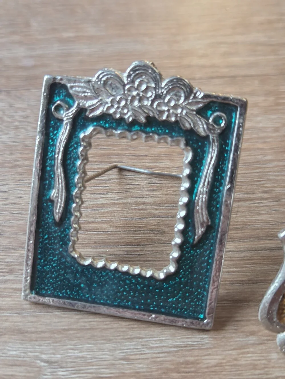 Vintage Mini Ornate Metal Picture Frame Silver Tone, Green & Yellow Resin